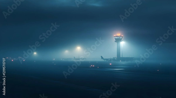Fototapeta Foggy Night at the Airport: Airplanes and Control Tower in the Mist
