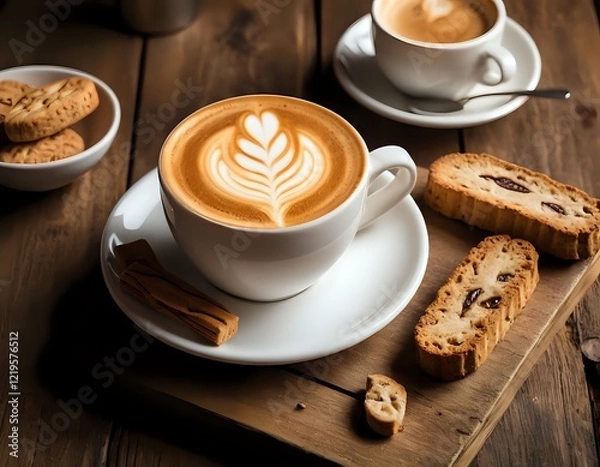 Fototapeta Latte Art with Biscotti: A Warm and Inviting Coffee Scene