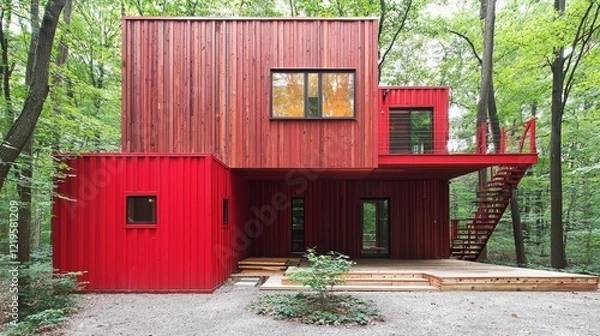 Fototapeta Modern red cabin nestled in a lush forest, featuring unique architectural design and outdoor stairs.