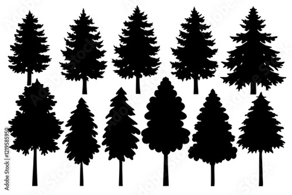 Fototapeta Forest tree silhouettes collection. Pine trees horizontal pattern panorama backgrounds. Vector illustration	
