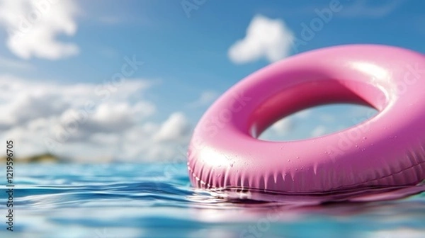 Fototapeta  a pink inflatable ring floating in the ocean, with a bright blue sky and fluffy white clouds in the background