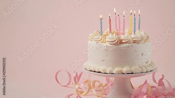 Obraz pastel-themed birthday flat lay featuring a cake with candles, ribbons, and streamers on a light pink background with room for text