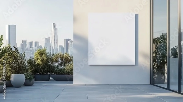 Fototapeta  Photo of a blank white poster on the wall in an urban rooftop garden, with large windows overlooking city buildings. Web banner style. White background