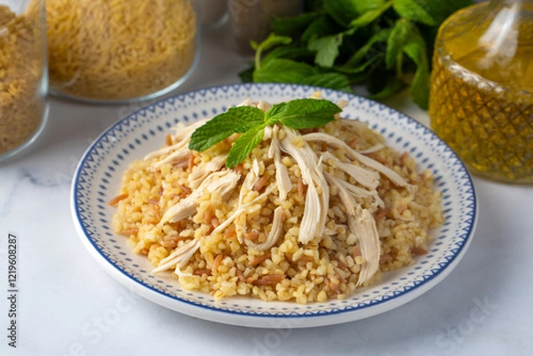 Obraz Bulgur pilaf with chicken and vermicelli. Turkish name; Tavuklu bulgur pilavi