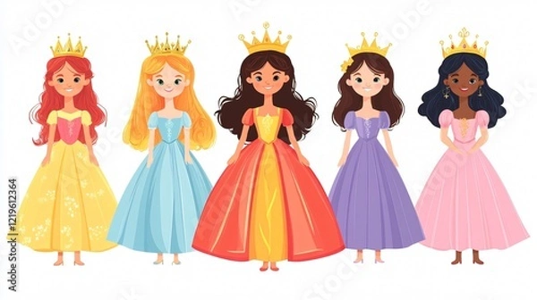 Fototapeta Six Princesses Cartoon Characters Wearing Crowns Dive