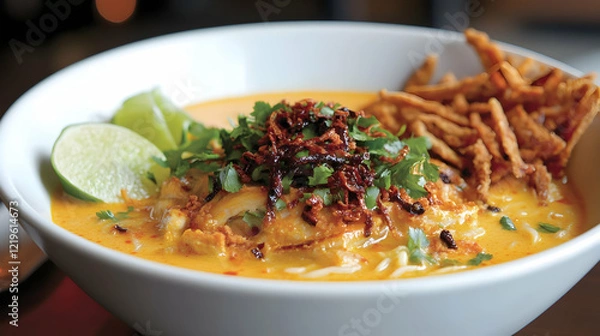Fototapeta Burmese Chicken Noodle Soup with Crispy Onions and Lime