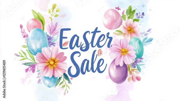 Fototapeta This vintage-inspired Easter sale banner showcases beautiful watercolor spring flowers and pastel-colored Easter eggs, creating a nostalgic and inviting atmosphere for seasonal promotions