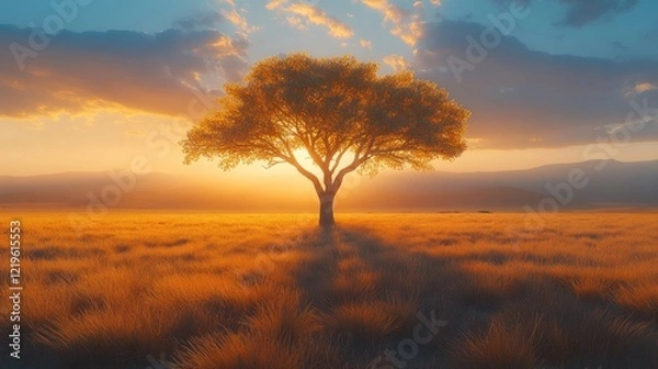 Obraz Golden tree, sunset sky.