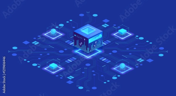 Obraz Blue themed illustration of a data center. Isometric view of multiple servers and connected devices. Perfect for articles about data storage, networking, and cybersecurity.