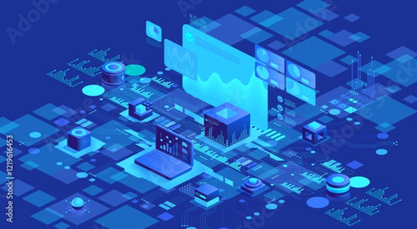 Obraz Blue themed illustration of a data center. Isometric view of multiple servers and connected devices. Perfect for articles about data storage, networking, and cybersecurity.