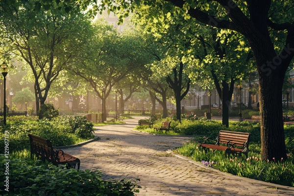 Obraz Peaceful park pathway winding through sunlit trees and surrounded by blooming flowers