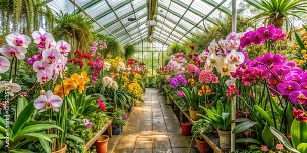 Obraz Greenhouse filled with a variety of exotic orchids and tropical plants, natural, foliage, greenhouse