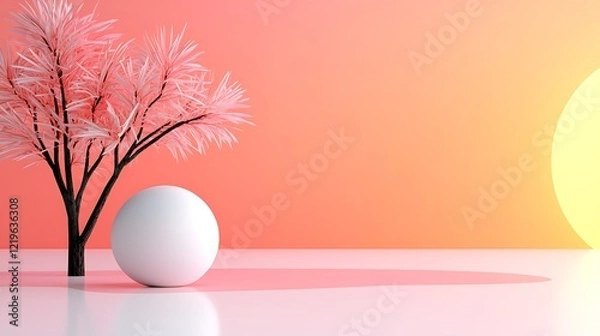 Fototapeta Minimalist Sunset Scene with Pink Tree and White Sphere