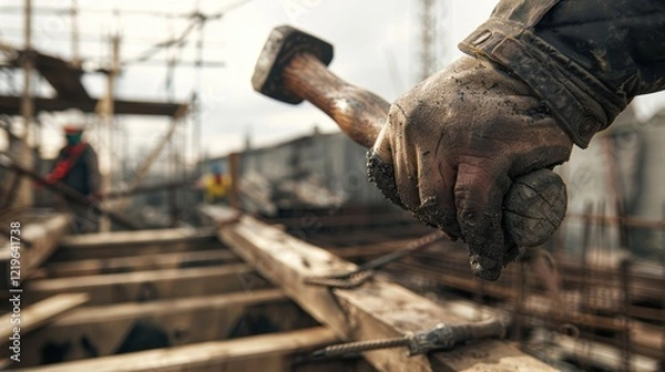 Fototapeta Construction Workers Hand with Hammer at Active Job Site for Building Projects