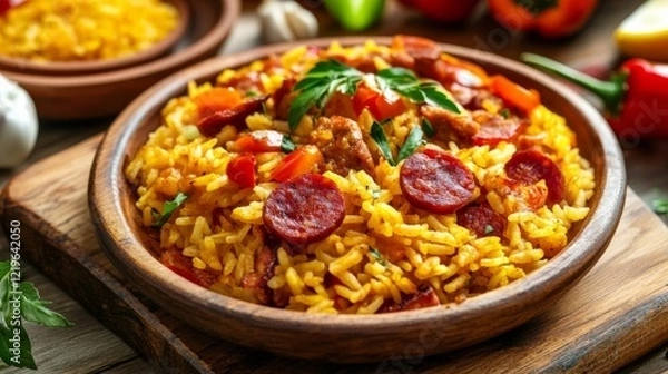 Fototapeta Image of rice and Spanish tapas with chorizo and peppers on a rustic wooden board, emphasizing vibrant and flavorful aspects. Ideal for Spanish cuisine and appetizers.