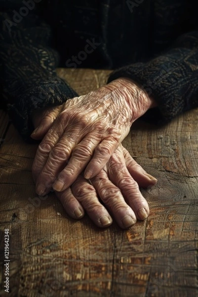 Fototapeta Intimate Portrait of Elderly Hands Resting on Rustic Table in Warm Lighting