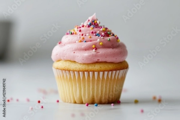 Obraz Colorful cupcake topped with pink frosting and sprinkles on a white plate against a festive background
