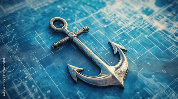 Fototapeta Ship Anchor Symbol Incorporated into a Marina or Port Blueprint, Highlighting Nautical Themes and Efficient Maritime Infrastructure Design