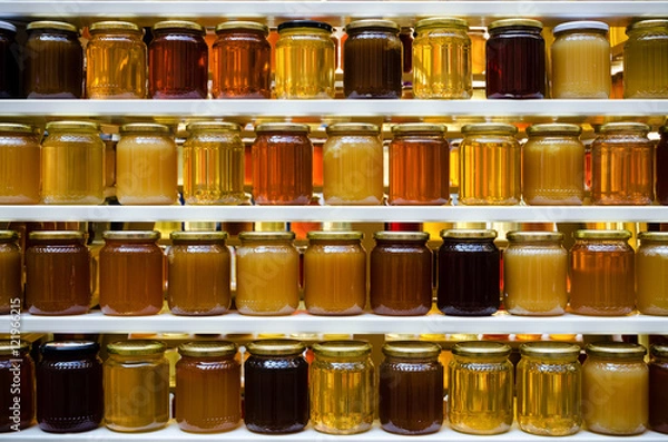 Fototapeta Jars of different honey varieties stocked on a shelf