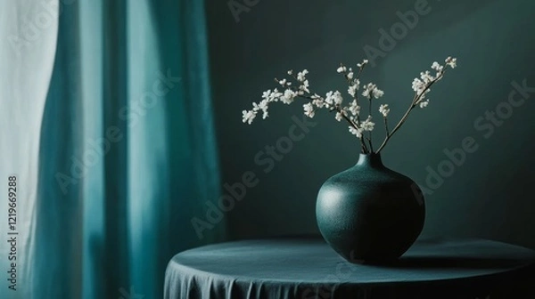 Fototapeta Minimalist vase with blossoms on a moody backdrop