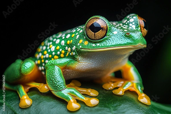 Fototapeta Vibrant Green Frog With Yellow Toes On Leaf