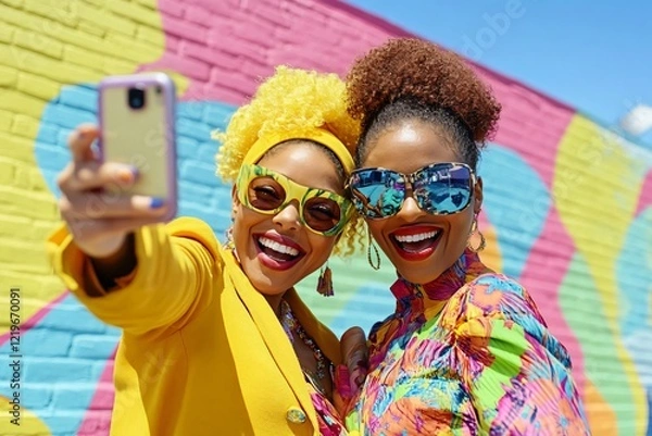 Obraz Two women are smiling and taking a selfie with a cell phone. They are wearing sunglasses and one of them is wearing a yellow jacket