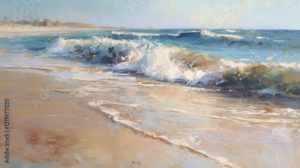 Fototapeta impressionism oil painting with thick impasto brush strokes of waves on a sandy beautiful beach with puffy clouds. using muted browns, blues, and white. 
