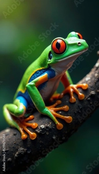 Fototapeta Colorful ranitomeya ventrimaculata Rodyll on tree branch, frog, tree