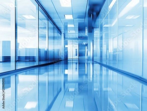Fototapeta futuristic blue toned corridor with glass walls and reflections modern architecture bright lighting clean minimal design sleek professional atmosphere
