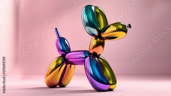 Fototapeta Iridescent neon shiny classic balloon dog. Rainbow holographic bubble animal isolated on light pink background. 3d element for banner with copy space. Hologram Foil Aesthetic. Trendy creative gradient