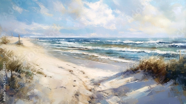 Fototapeta impressionism oil painting with thick impasto brush strokes of waves on a sandy beautiful beach with puffy clouds. using muted browns, blues, and white. 