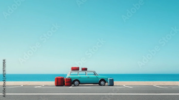 Fototapeta Retro Car with Luggage by the Beach