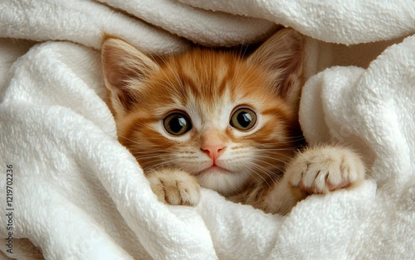 Fototapeta Orange tabby kitten on a white blanket, gazing at the camera with wide, curious eyes