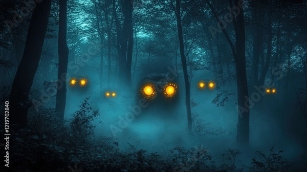 Fototapeta Nighttime forest with strange glowing eyes peering out from the darkness, unsettling and mysterious 