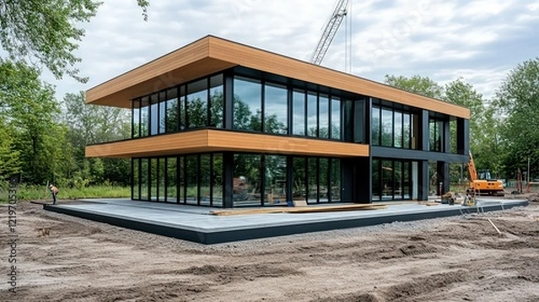 Fototapeta modern glass and wood house under construction, featuring large windows, sustainable architecture, and workers building the foundation in a forest setting
