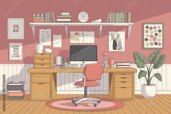 Fototapeta A cozy and organized home office with a desk  computer  chair  and plants.