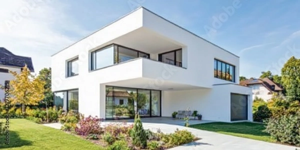 Fototapeta modern luxury villa with sleek glass architecture, vibrant landscaping, and breathtaking panoramic lake and mountain views under a bright blue sky
