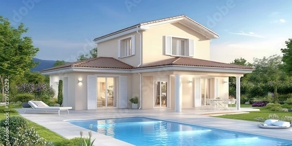 Fototapeta modern luxury villa with sleek glass architecture, vibrant landscaping, and breathtaking panoramic lake and mountain views under a bright blue sky