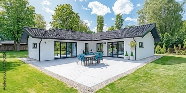Fototapeta modern luxury villa with sleek glass architecture, vibrant landscaping, and breathtaking panoramic lake and mountain views under a bright blue sky