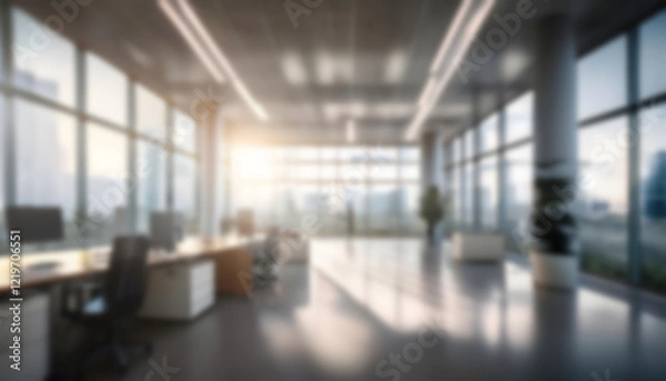 Fototapeta Abstract blurred modern spacious office background with beautiful lighting and big panoramic windows
