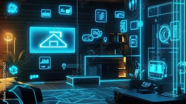 Fototapeta Smart Home Technology with Neon Interface