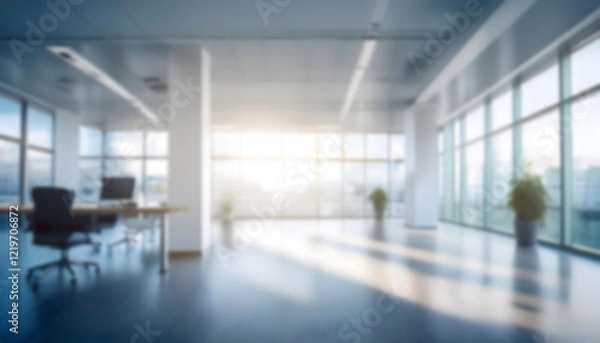 Fototapeta Abstract blurred modern spacious office background with beautiful lighting and big panoramic windows