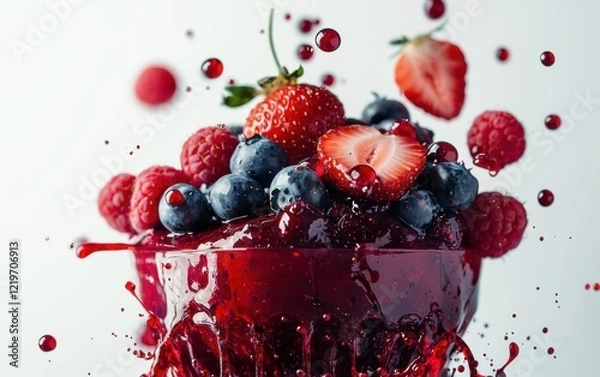 Obraz A vibrant splash of red berry compote with flying strawberries, raspberries, and blueberries, bursting energetically on a clean white background