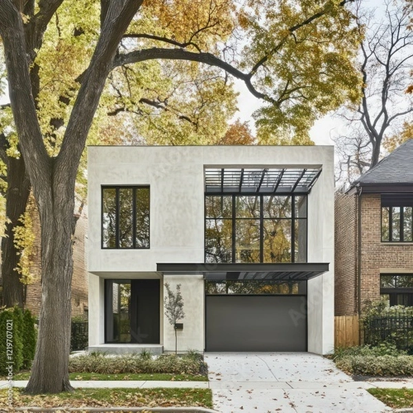 Fototapeta modern luxury villa with minimalist architecture, lush landscaping, large glass windows, wooden accents, and a sleek driveway in a serene setting