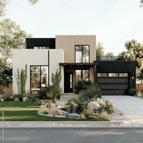 Fototapeta modern luxury villa with minimalist architecture, lush landscaping, large glass windows, wooden accents, and a sleek driveway in a serene setting