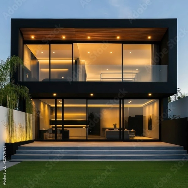 Fototapeta modern luxury black house with minimalist architecture, large glass windows, stylish lighting, and elegant landscaping creating a sleek urban residence