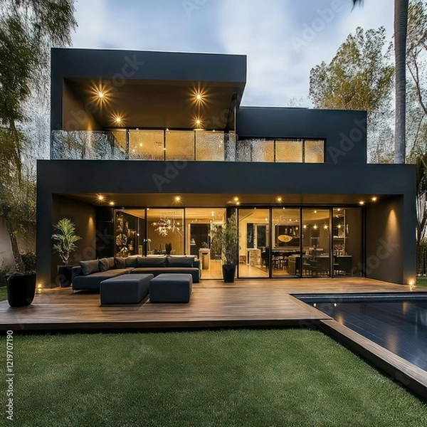 Fototapeta modern luxury black house with minimalist architecture, large glass windows, stylish lighting, and elegant landscaping creating a sleek urban residence
