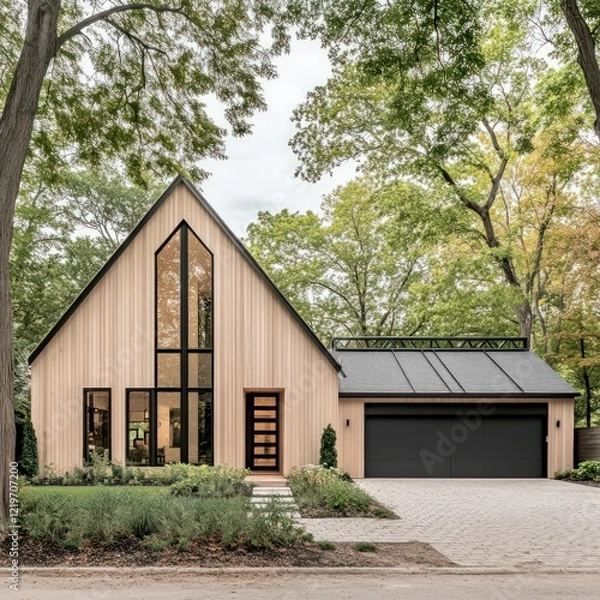 Fototapeta modern luxury villa with minimalist architecture, lush landscaping, large glass windows, wooden accents, and a sleek driveway in a serene setting