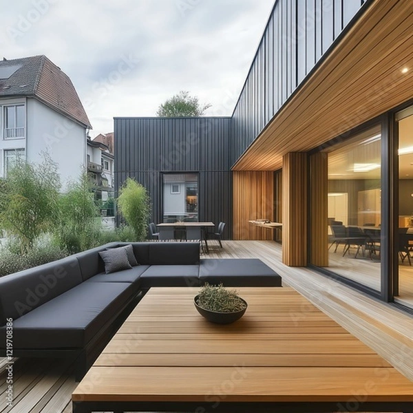 Fototapeta modern luxury house with open glass walls, sleek black facade, stylish outdoor seating area, and wooden deck creating a contemporary retreat