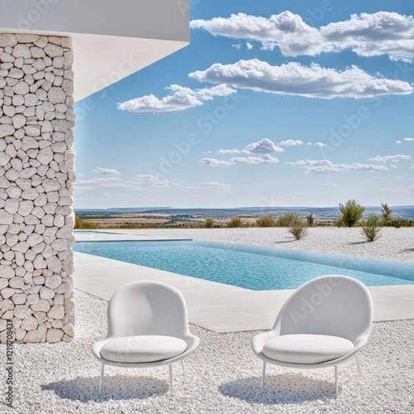 Fototapeta modern minimalist white house with large glass windows, clean geometric design, illuminated interior, and spacious outdoor patio at dusk